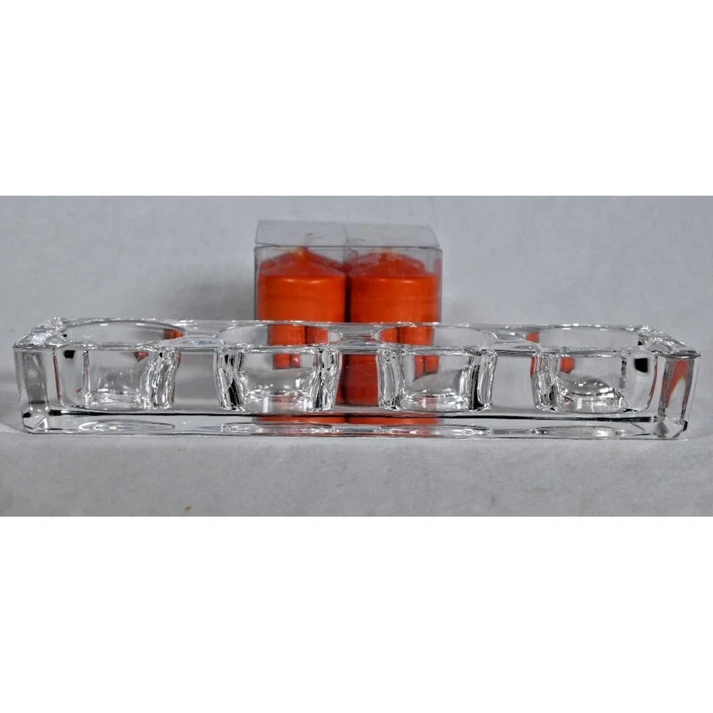 Heavy Glass Rectangle Votive Candle Holder w/ 4 Candles Centerpiece